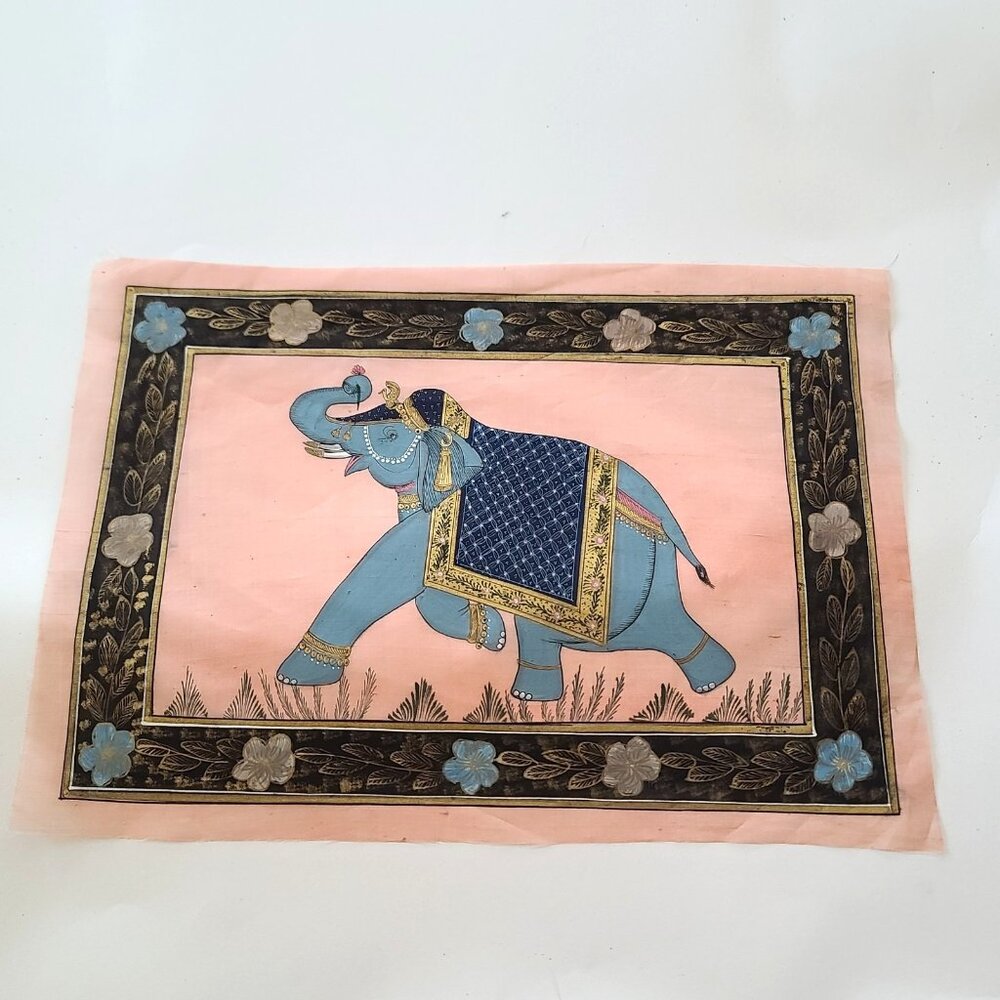 Vtg Hand Painted Elephant on Peach Silk Fabric Indian Art Unmounted 14"W X 10"H